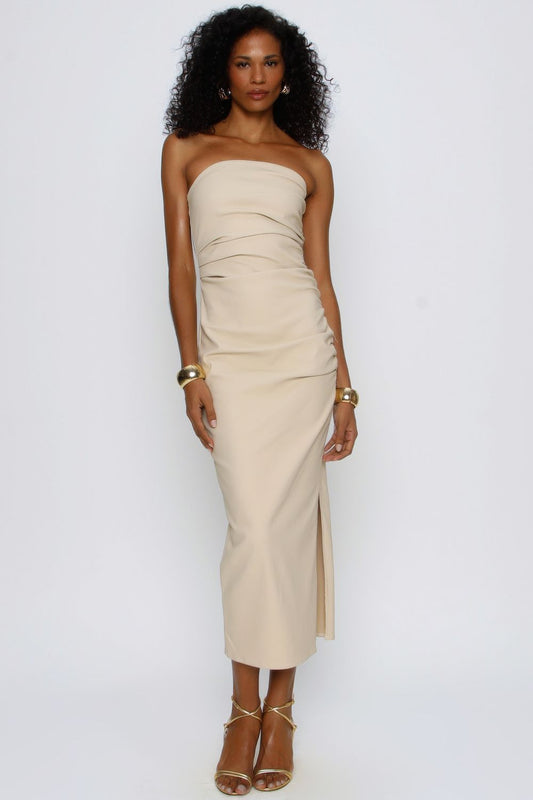 VESTIDO JUSTO MIDI RESINADO BEGE