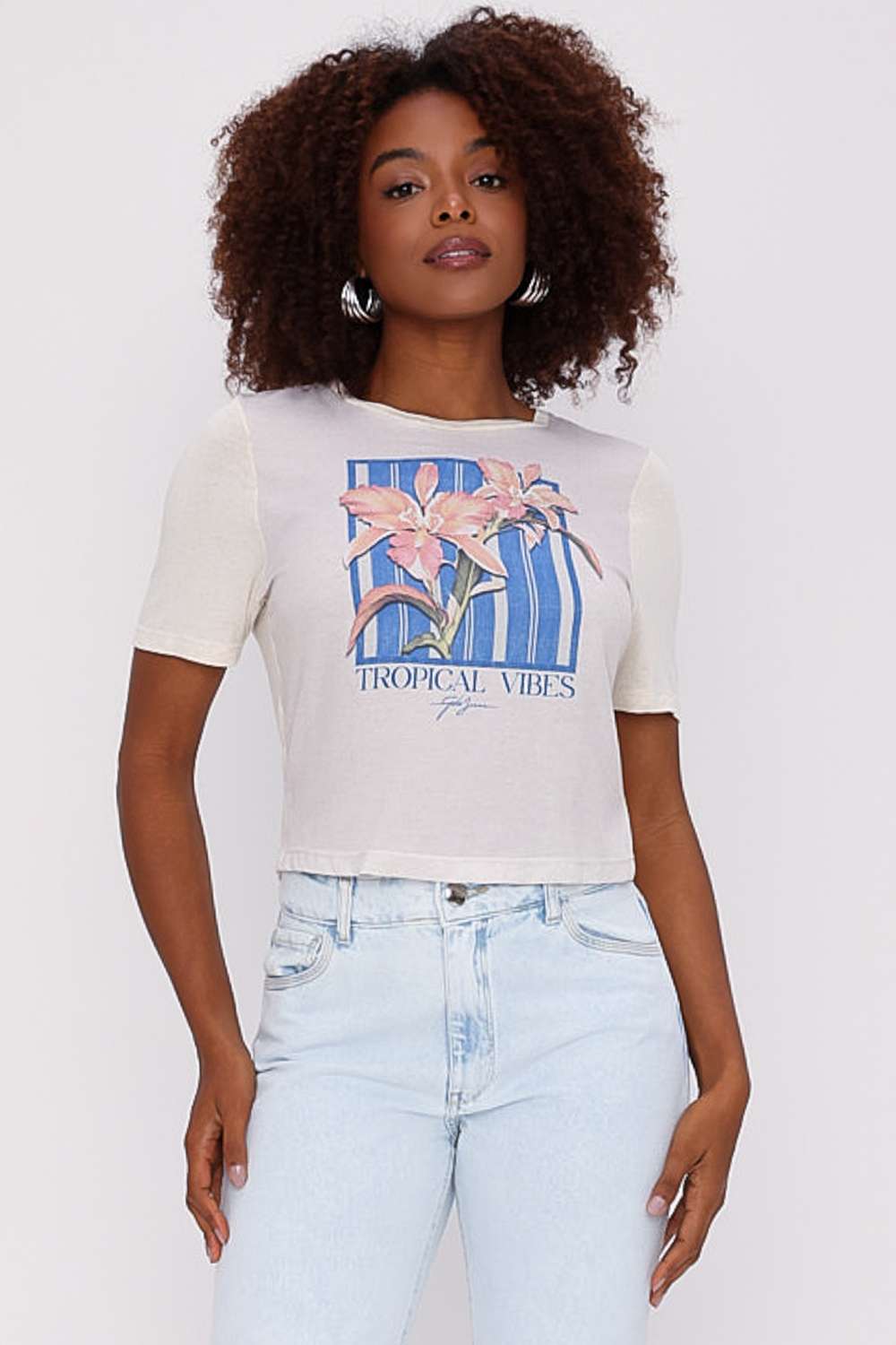 T SHIRT TROPICAL FLOWERS JEANS NAVY