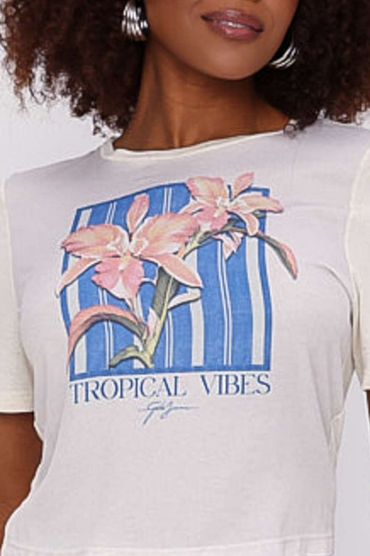 T SHIRT TROPICAL FLOWERS JEANS NAVY