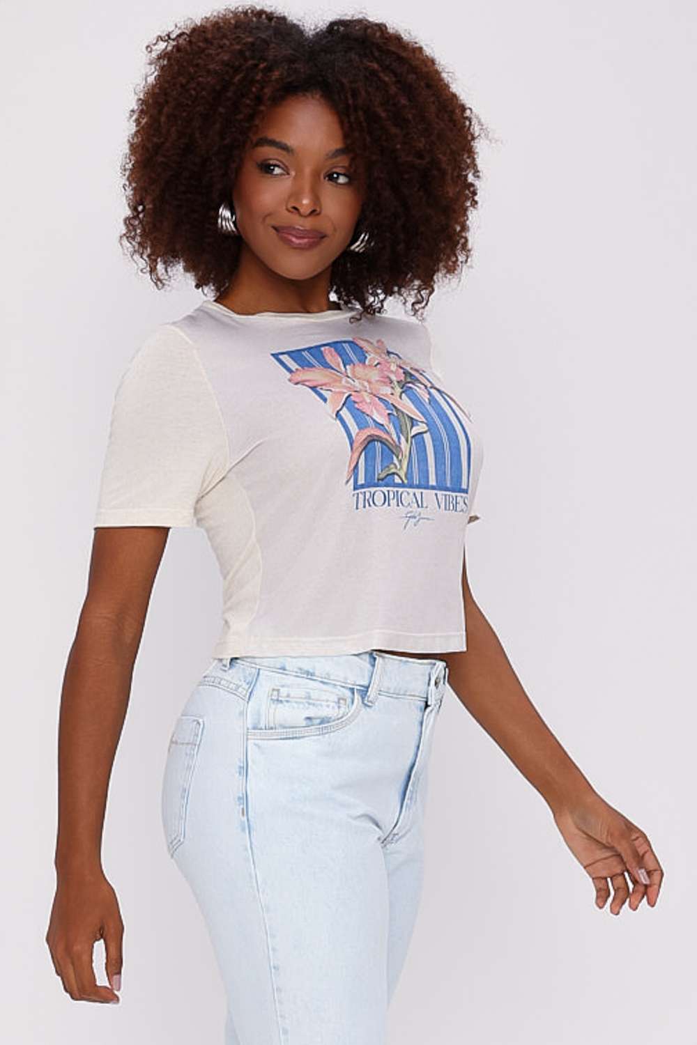 T SHIRT TROPICAL FLOWERS JEANS NAVY