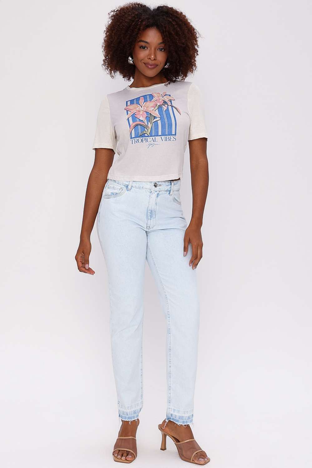 T SHIRT TROPICAL FLOWERS JEANS NAVY